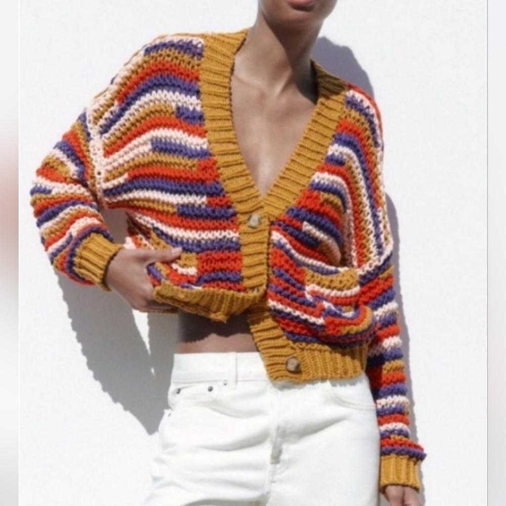 Zara Women's Crochet Multicolor Striped Open Knit Cardigan Size S-M